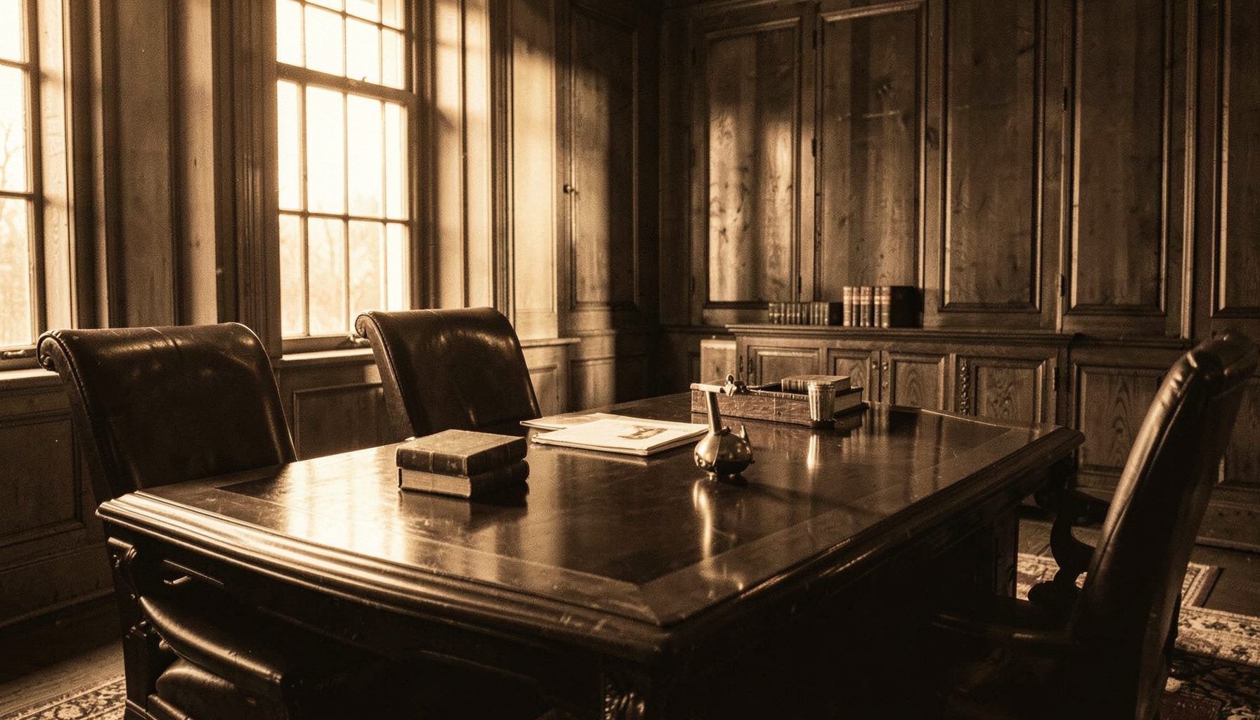 A warm duotone photograph of a stately wood-paneled boardroom with a long polished table, leather-bound volumes, and soft amber light filtering through tall windows.